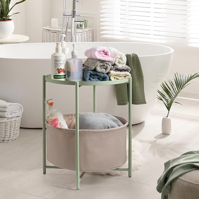 danpinera Round Side Table with Fabric Storage Basket, Metal Side Table Small Bedside Nightstand with Removable Tray Top for Living Room, Bedroom, Nursery, Laundry, Light Green-NeatNest