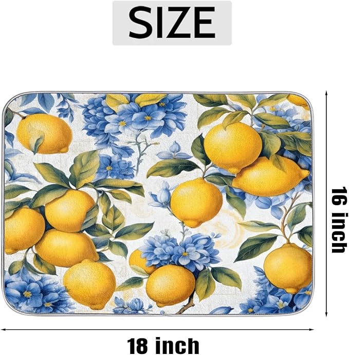 Dish Drying Mat Kitchen Counter - Absorbent Microfiber Drying Rack Pads Reversible Dish Pad Draining Mats for Countertop Coffee Mats,16x18 inch(Lemon)