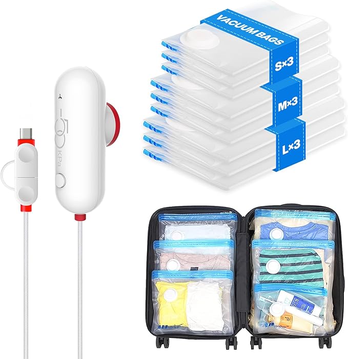 VMstr 9 Pack Travel Vacuum Storage Bags with USB Pump, Vacuum Packing Seal Bags for Luggage, Carry-on Size Space Saver for Clothes and Clothing Travel-NeatNest