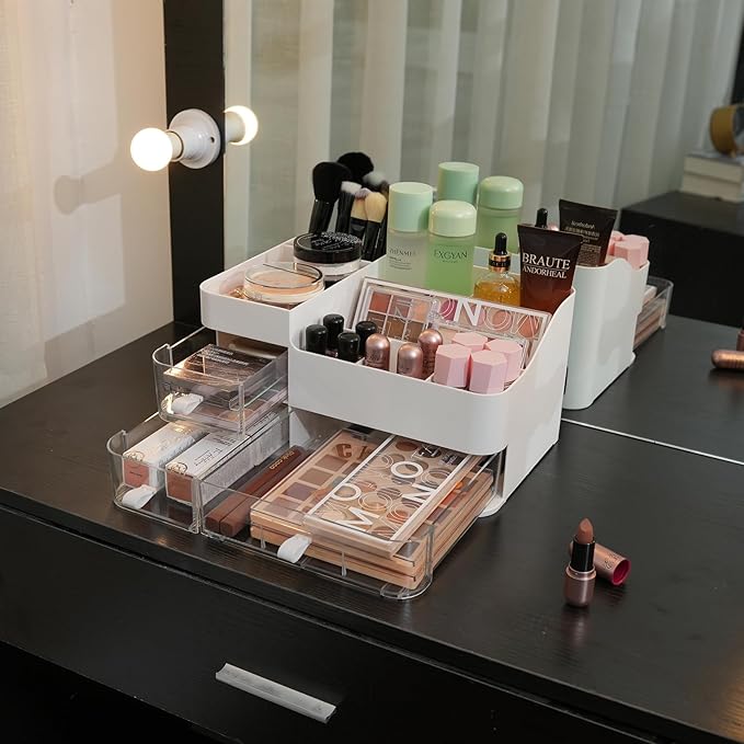 KLGO Makeup Organizer and Storage Cosmetic Display Case With 3 Clear Drawers Skincare Organizer for Bathroom Make Up Stand for Vanity Lipsticks, Jewelry, Nail Care, Eyeshadow, Skincare-NeatNest