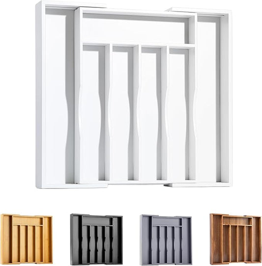 Bellsal White Silverware Organizer Kitchen Drawer Organizer Expandable Bamboo Utensil Holder Cutlery Tray for Kitchen Utensil and Flatware Bedroom Office-NeatNest