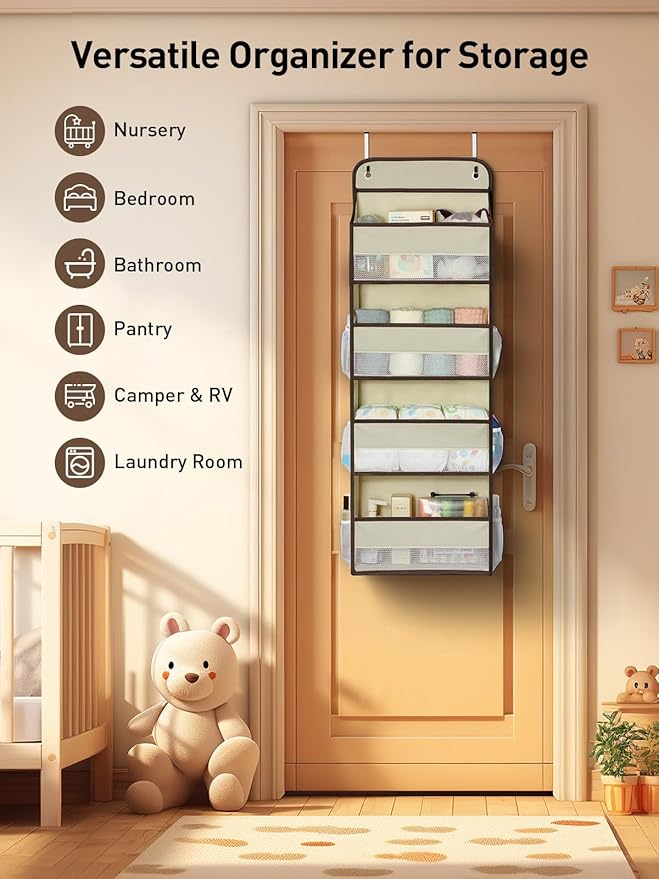 Yecaye Hanging Over the Door Organizer 1 Pack, 35.2lbs Load Toy Stuffed Animal Storage, Swing-proof Bathroom Organizers and Storage for Nursery Newborn Baby Essential Stuff Beige-NeatNest