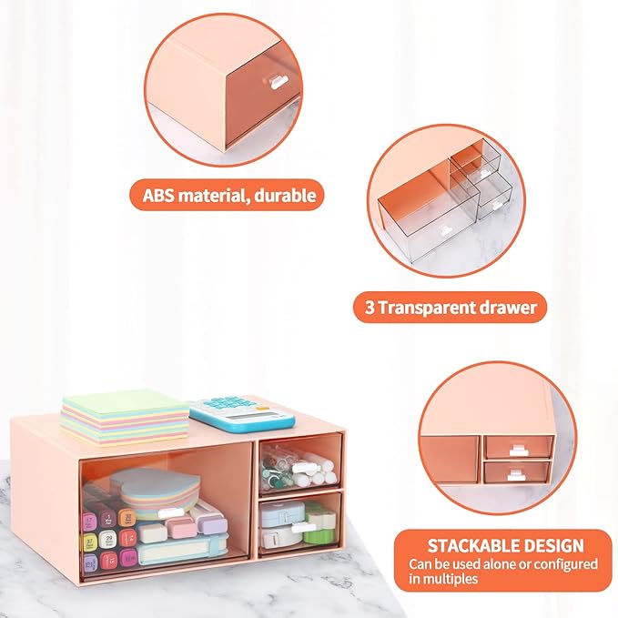 LETURE Desk Office Stationery Organizer with 3 Drawers, Desktop Vanity Makeup Organizer, Plastic Sundries Cosmetic Storage Organizer for Bathroom Counter or Dresser (Pink-3 Drawer)-NeatNest