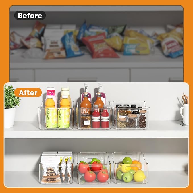 Clear Plastic Storage Bins-Pantry Organizers & Storage Containers-Refrigerator Organizer Bins with Handle - Home Organization Must Haves for Kitchen(Clear 4 Pack-Large)