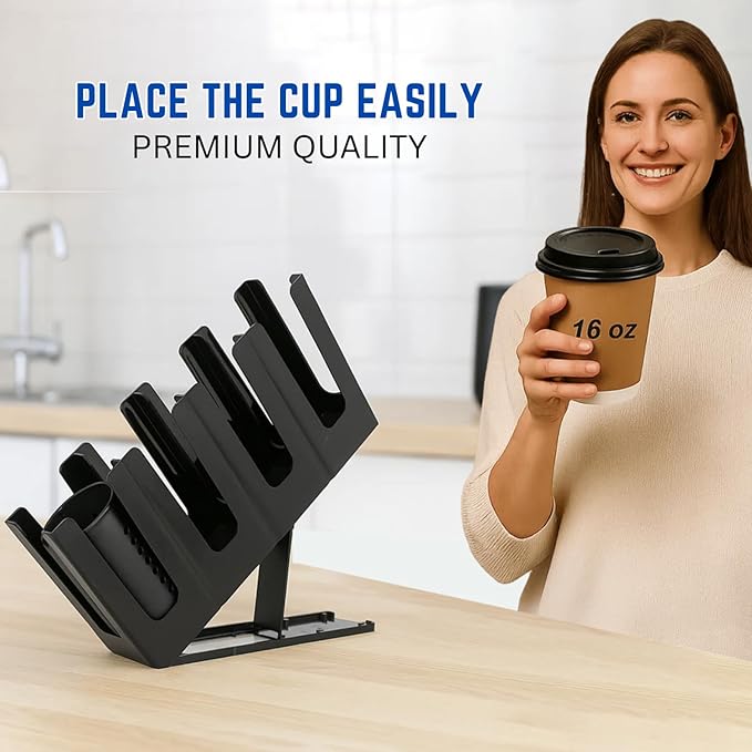 Cup and Lid Holder with Straw Organizer – Includes Clean Brush & Lid Organizer, 4 Adjustable Compartments, Coffee Cup and Lid Dispenser for Countertop, Coffee Station, Breakroom, Bar – Black-NeatNest