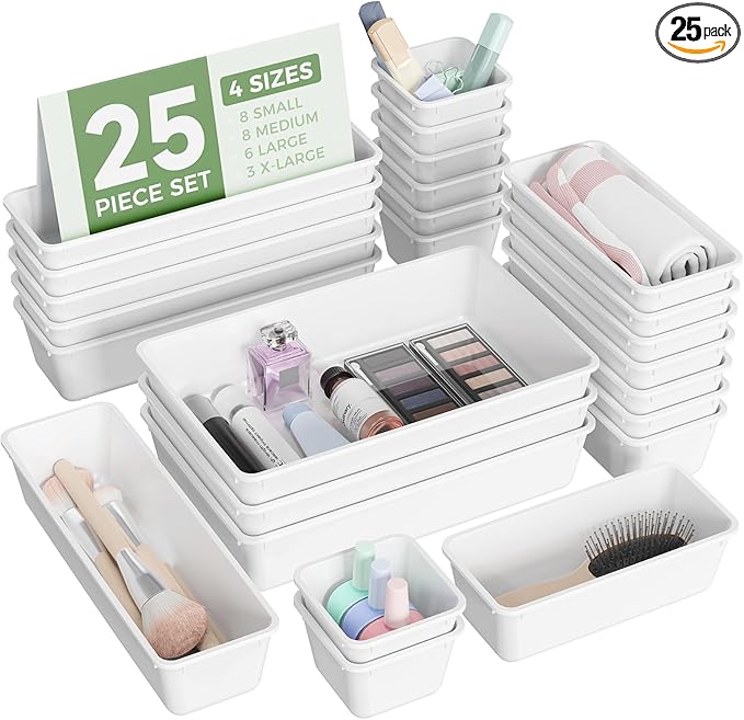 25 PCS Plastic Drawer Organizers Set, 4-Sizes Vanity and Makeup Organizer, Desk and bathroom Drawer Organizer Trays, Organizers and Storage for Makeup, Jewelry, Gadgets, Utensils (White)-NeatNest