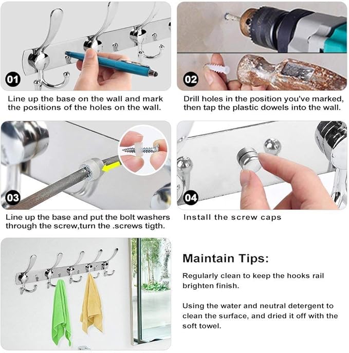 Coat Rack Wall Mounted,3 Tri Stainless Steel Coat Hook for Coat Hat Robes Towel in Mudroom Entryway (Sliver, 2 Pack 3 Hook)-NeatNest