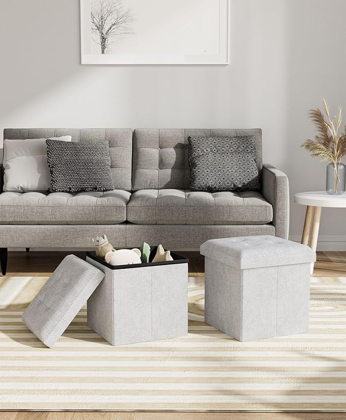 Folding Storage Ottoman Bench, Multi-Functional Ottoman Footrest, End of Bed Bench, Storage Chest for Living Room, Bedroom, Hallway, Entryway, Holds Up to 700 lbs (Light Gray, 15 Inches)