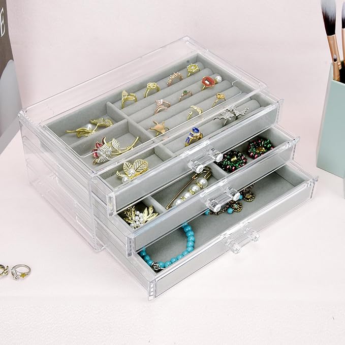 Acrylic Jewelry Box 3 Drawers, Velvet Jewellery Organizer, Earring Rings Necklaces Bracelets Display Case Gift for Women, Girls
