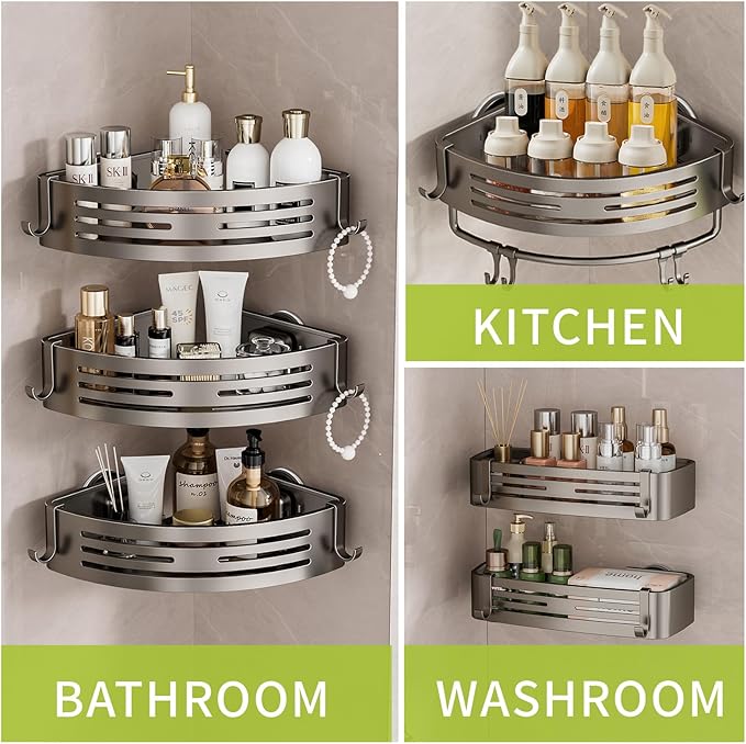 Shower Caddy Suction Cup, No Drilling Rustproof Bathroom Shower Shelf,Hanging Corner Shower Shelves with 6 Portable Hooks, Removable Bath Organizer with Towel Bar for Bathroom Storage(Gray)