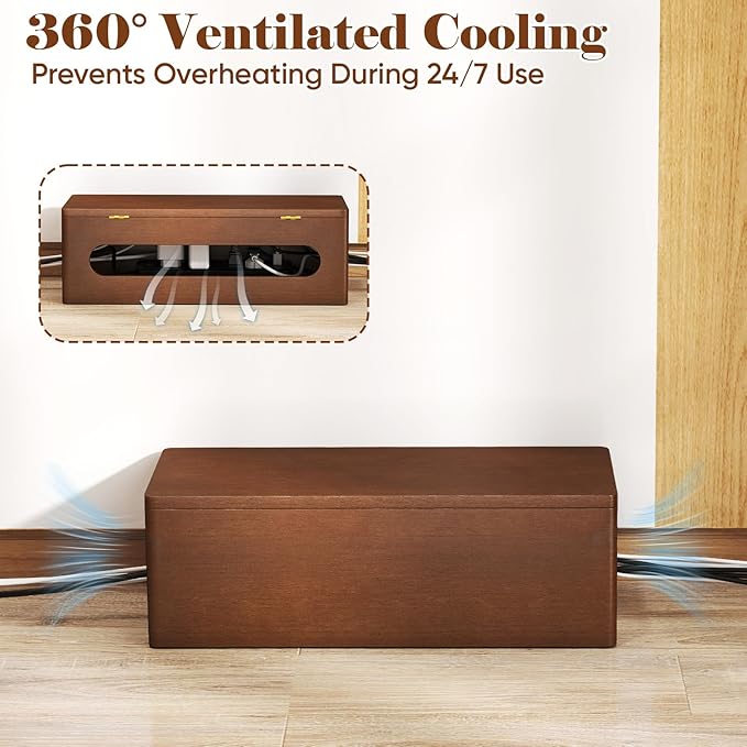 Delamu Cable Management Wooden Box with Magnetic Lid, Duty Cord Organizer Power Strip Hider Cover with Ventilation for Desk, Floor, Home Office, Baby-Pets Safe Storage Solution