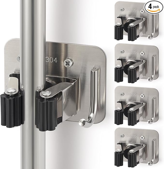 Broom Holder Wall Mount Screw Drilling, Sturdy Heavy Duty Stainless Steel Mop Gripper Rack Perforated, Perfect for Laundry Room Organizer, Fit with Laundry Kitchen Garage Garden Storage System-NeatNest