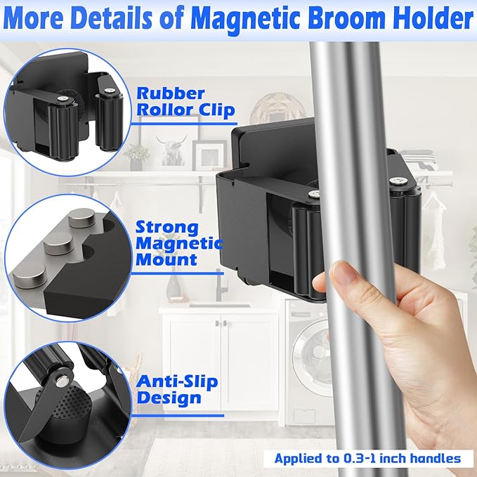 Strong Magnetic Mop Broom Holder, 2 Pack Heavy Duty Magnetic Mop Hanger for Refrigerators, Magnet Wall Mount Broom Holder Tool Storage for Laundry Room Garage Kitchen Workshops Metal Shed-NeatNest