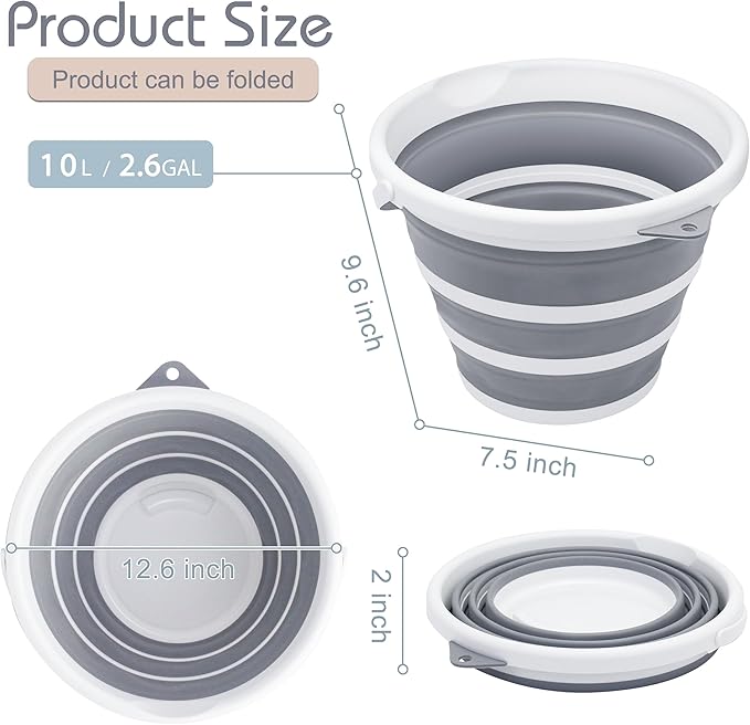2-Pack Collapsible Bucket 2.6 Gal/10L, BPA-Free - Space-Saving, Portable Foldable Water Pail for Versatile Use, Home, Outdoors, Car Wash, Camping, Fishing - Grey