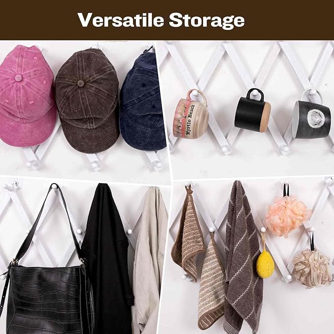 Accordion Wall Hanger with 20 Hooks, Wooden Wall Expandable Coat Rack for Coat, Hats, Baseball Caps, Coffee Mug, Jewelry(Ruist White)-NeatNest