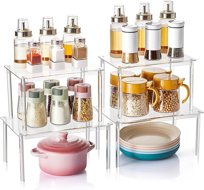 Acrylic Spice Rack Organizer Shelf for Cabinet, Set of 4 Shelves for Kitchen Organizers and Storage, Stackable Display Riser Shelf for Countertop Display Pantry Cabinet, Clear Shelves Room Decor-NeatNest