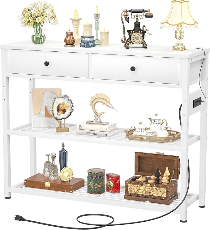 Ecoprsio Entryway Table with Outlets and USB Ports, Console Table with 2 Drawers, Small Sofa Table with Storage Shelves for Living Room, Couch, Hallway, Foyer, Kitchen Counter, 32'', White-NeatNest