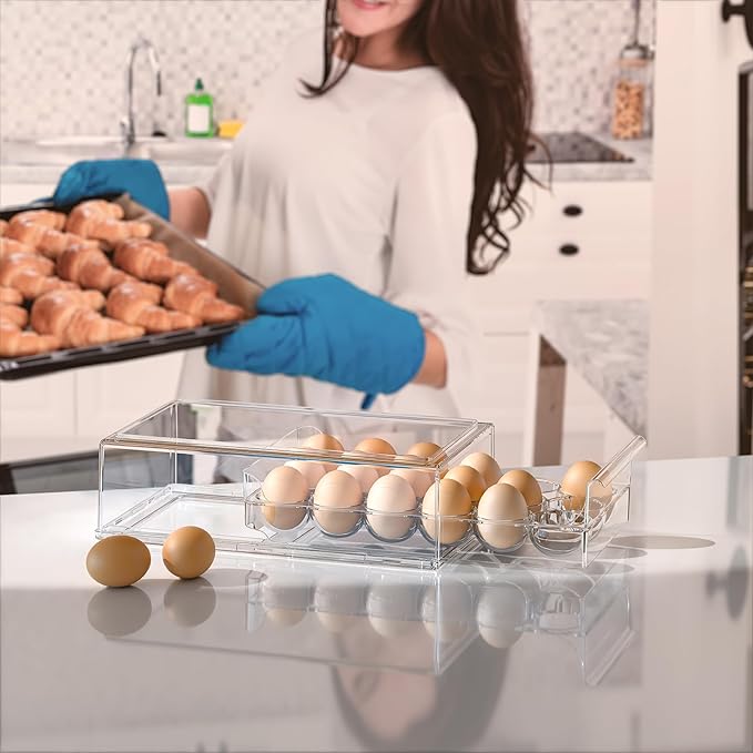 Egg Storage for Refrigerator, Stackable 18 Egg Holder for Fridge, BPA Free Refrigerator Organizer Bins, Transparent Egg Dispenser