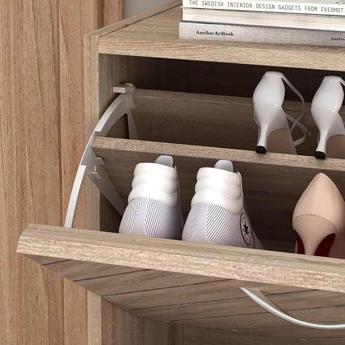 Shoe Cabinet with 2 Flip Drawers, Shoe Storage Organizer with 2-Tier Shelf for Entryway, Freestanding Shoe Rack Storage Organizer(Burlywood)-NeatNest