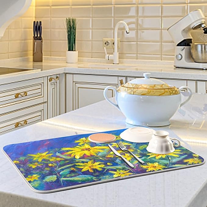 Absorbent Dish Drying Mat for Kitchen Counter - Oil Painting Flowers Microfiber Drying Pad, Reversible Drainer Mats for Countertop, Large 18" x 24"