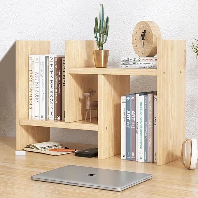 Desk Organizer Shelf Wooden Desktop Bookshelf Adjustable Desktop Organizer Shelves Small Book Shelf for Office Desk Supplies Home Storage Natural Stand Decor (Beige, Style1)-NeatNest