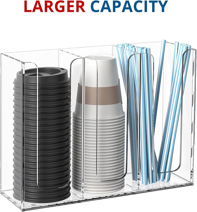 Acrylic Cup and Lid Holder, 3 Compartment, Disposable Coffee Cup Dispenser Cup Storage Organizer, Clear-NeatNest