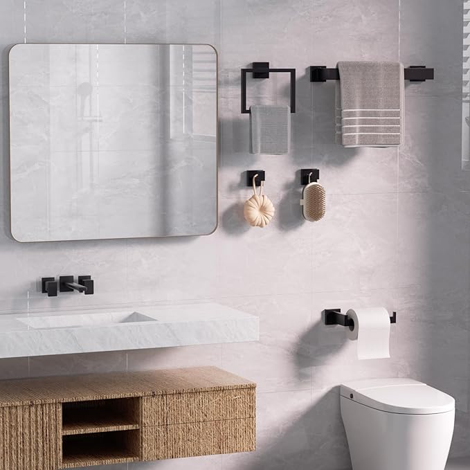 5-Piece Matte Black Bathroom Accessories Hardware Set, Stainless Steel 16 Inch Bath Towel Bar Set, Towel Racks for Bathroom Wall Mounted