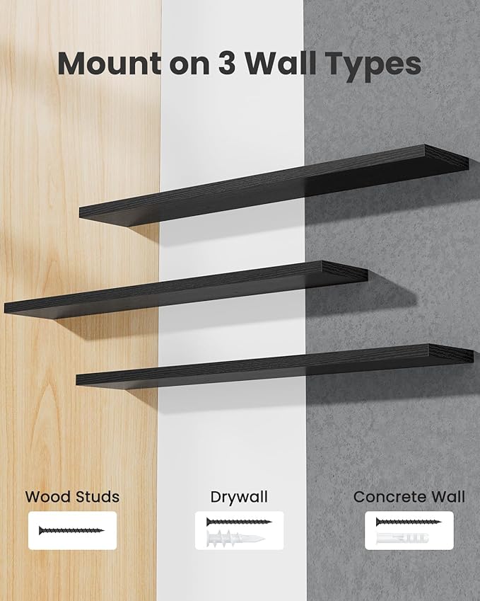 AMADA HOMEFURNISHING Floating Shelves, Wall Shelves for Living Room, Bedroom, Bathroom, Kitchen & Home Office Organization, Bathroom Shelves with Hidden Brackets, 22 lbs Max Load, Black, AMFS45B-NeatNest