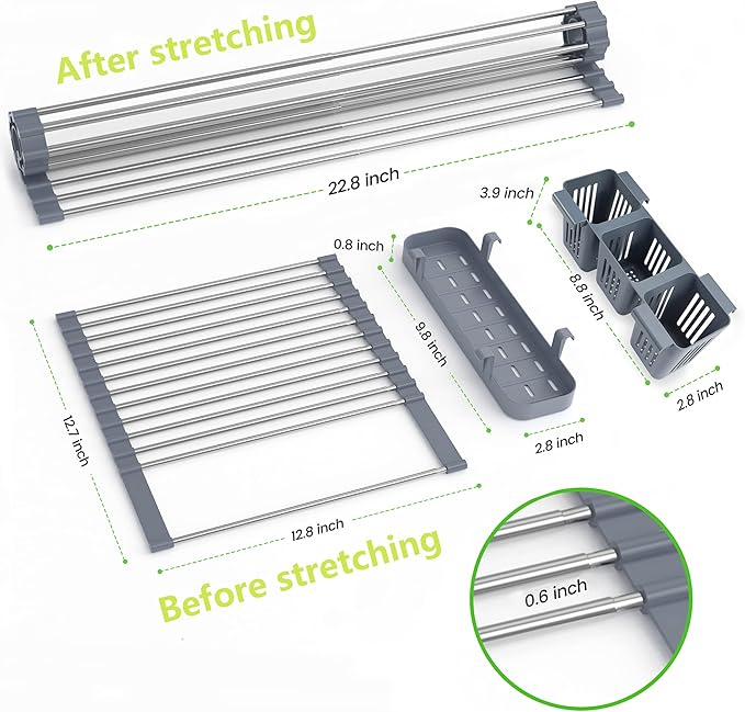 BBXTYLY Expandable Roll Up Dish Drying Rack Up to 22.8''with 2 Storage Baskets,Over The Sink Kitchen Rolling up Dish Drainer Drying Rack, Foldable,Rollable,for Kitchen Dishes(Expandable Width Size)