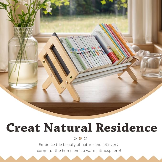 Desktop Bookshelf, Wood Tilting Bookcase with Iron Rack, Book Organizer for CDs/Magazine/Books Display, Storage Rack in Living Room/Studyroom/Home/Office (Yellow&White, 16")-NeatNest