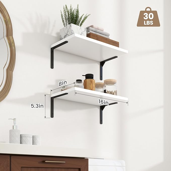 Fun Memories Deep Floating Shelves, 16W x 8D Floating Shelves Set of 2, Wall Mounted Shelf with Metal Brackets, Rustic Wood Wall Shelf for Bathroom, Kitchen and Living Room, White-NeatNest