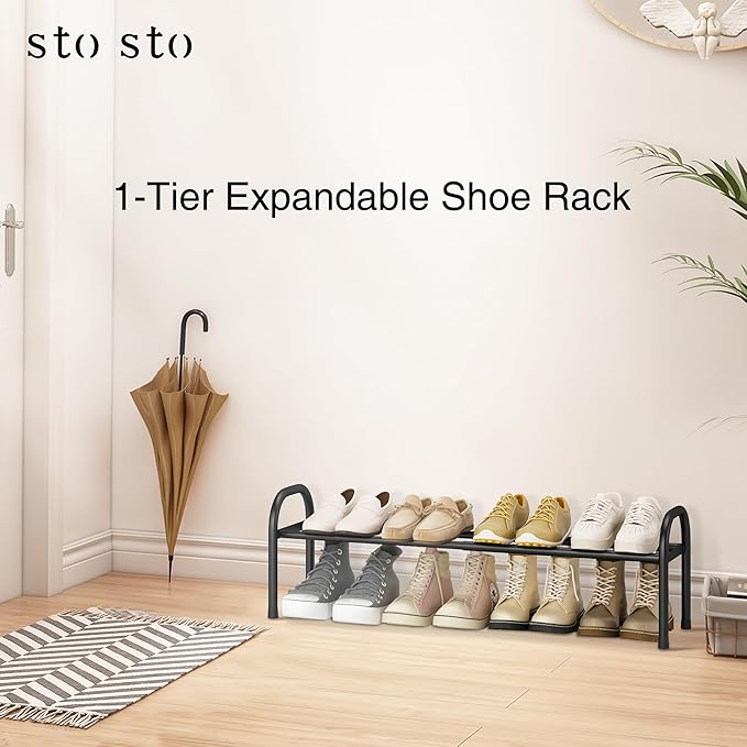 STO STO Expandable Shoe Organizer, 1-Tier Metal Shoe Rack for Closet, Up to 8 Pairs Adjustable Storage for Front Door Entrance, Free Standing Organizer for Entryway, Black-NeatNest