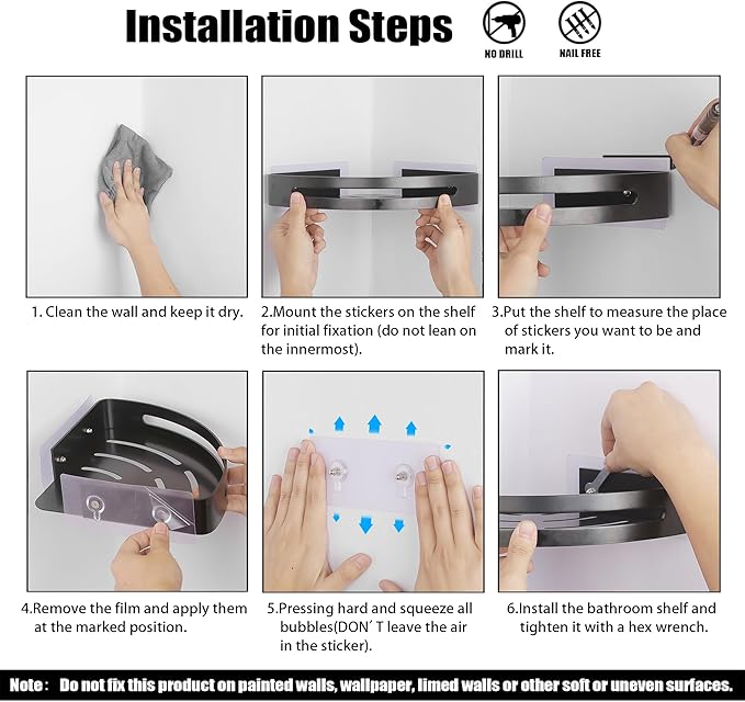 JASTT Corner Bathroom Shelf Black Wall Mounted Corner Shower Caddy Rustproof Basket Storage Bath Shelf Organizer Self Adhesive Sticker Kitchen Corner Shelves No Drill Toilet Aluminum Holder 2 Packs