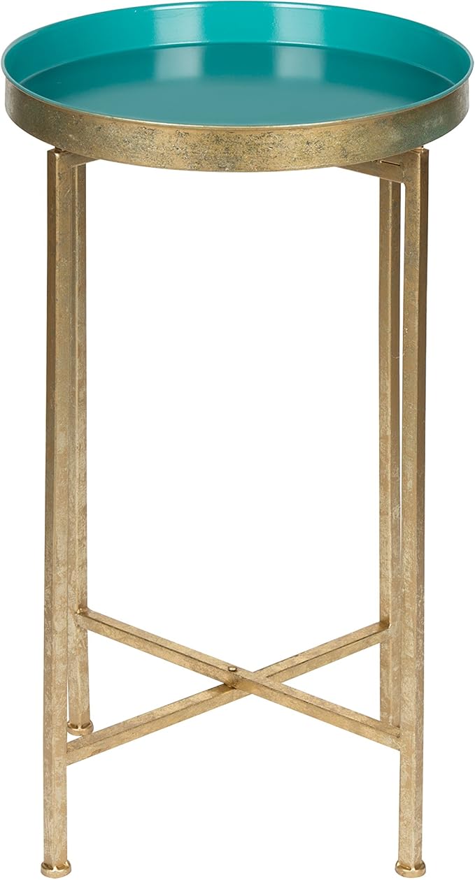 Kate and Laurel Celia Round Metal Foldable Tray Accent Table, Teal with Gold Base