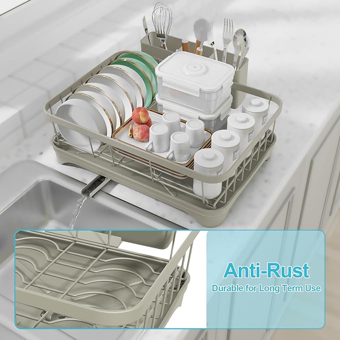 Dish Drying Rack for Kitchen Counter - Space Saving Drying Rack with Drainboard & Utensil Holders, Large Capacity Organizer for Bowls Cups, Countertop Dish Drainer Grey
