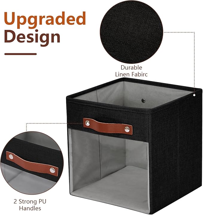 Storage Cube Organizer with Clear Window, Linen Collapsible Storage Boxes with PU Handles, Cube Storage Bins for Shelf, Closet, Cabinet, Bookcase (10.5x10.5x11, Black)-NeatNest
