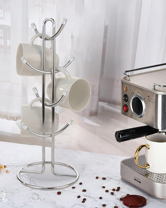 FitWell Mugs Holder, Mug Tree, Coffee Mug Holder, Coffee Mug Tree, Mug Organizer for Cabinet, Mug Holder Stand, Coffee & Tea Cup Storage Rack (Chrome, 8 Mugs Holder (17.5"H))-NeatNest