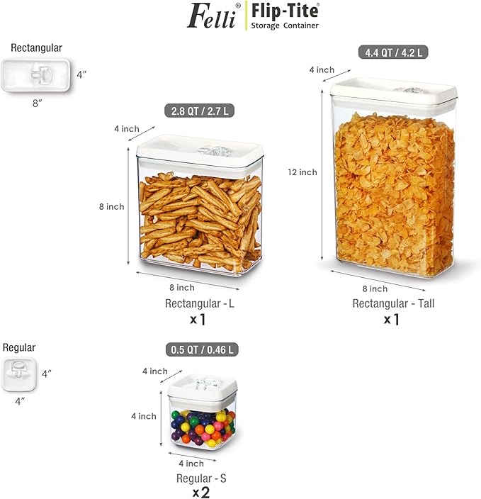 Felli Flip Tite Storage Container with Lid 4" RECTANGULAR Air Tight Ring Flip Top, Stackable Acrylic Canister for Kitchen Counter Pantry, Cereal Granola Pasta Spice, Gift Set for Women (4pk, Variety)-NeatNest