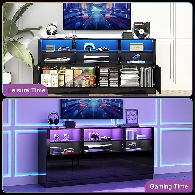 32'' Tall Black TV Stand for 65/75/80/85 Inch TVs with RGB LED Lights,Modern High Gloss Entertainment Center Cabinet Stands with Storage Shelves and Doors,TV Media Console Table for Living Room-NeatNest