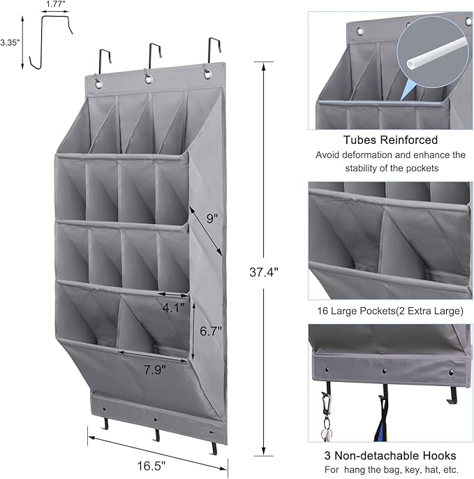 FENTEC 2 Pack Over the Door Shoe Organizer, Hanging Shoe Organizer Rack,24 Large Pockets and 4 Larger Storage Various Compartments with 6 Hooks, Home Accessories, Grey-NeatNest