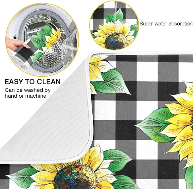 Absorbent Dish Drying Mat for Kitchen Counter - Sunflower Lattices Vintage Microfiber Drying Pad, Reversible Drainer Mats for Countertop, Large 18" x 24"