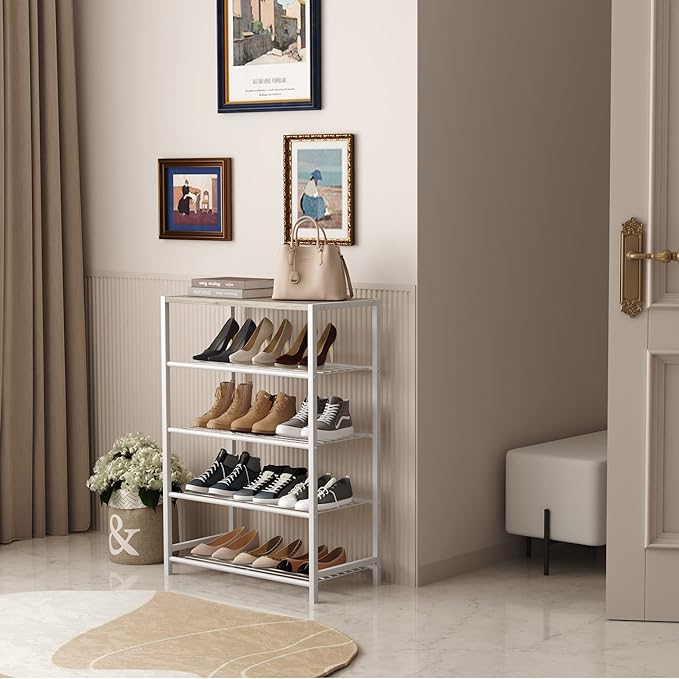 HOMEFORT 5-Tier Shoe Rack, Storage Shelf, Industrial Tower, Narrow Organizer for Closet Entryway, Small Table With Durable Metal Shelves, White Oak-NeatNest