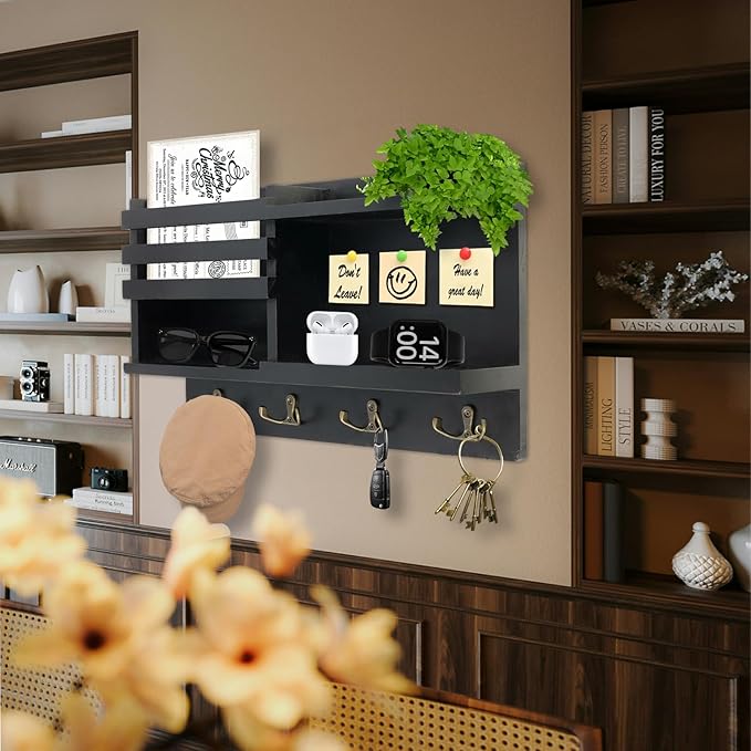Farmhouse Wall Decor Key Holder with Mail Organizer - Solid Wood Wall Mount Key Rack (8 Hooks) | Self-Adhesive/Drill Install | Entryway Shelf for Keys, Sunglasses & Home Organization (BLACK)