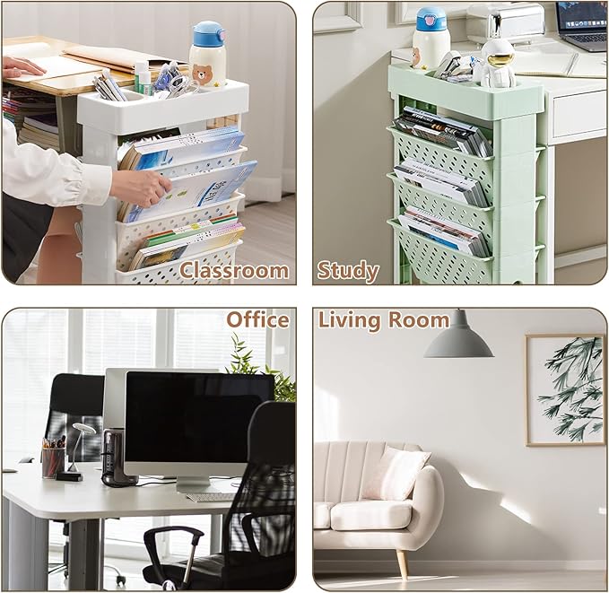 CINPIUK Rolling Office Paper Organizer, Mobile Book Cart Document Folder File Storage with Pen Holder, Slim Rolling Storage Cart Movable Bookshelf for Office, Dorm, Classroom, Nursery, Green-NeatNest