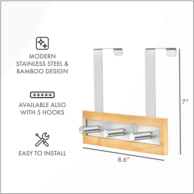 ToiletTree Products Bamboo Stainless Steel Over-The-Door Towel Hooks - Durable Coat, Clothes, and Towel Rack to Use in The Bathroom, Laundry Room, and Closet - 3 Hooks