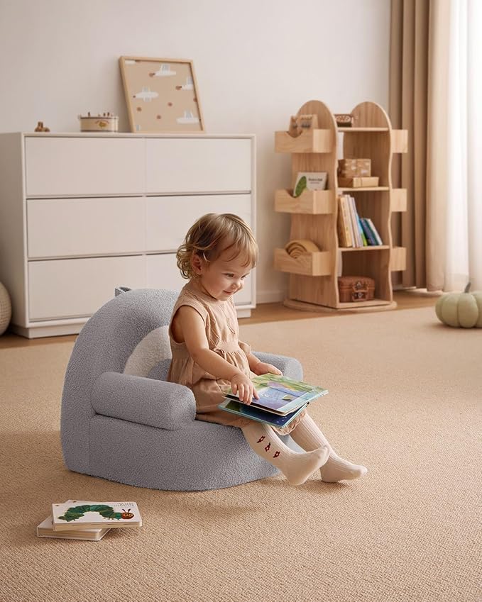 Blissful Diary Toddler Chair Comfy, Foam Kids Chair with Soft Teddy Plush, Toddler Reading Armchair for 1 2 3+ Year Old Girls Boys Baby Birthday Gift, Light Gray Arclet-NeatNest