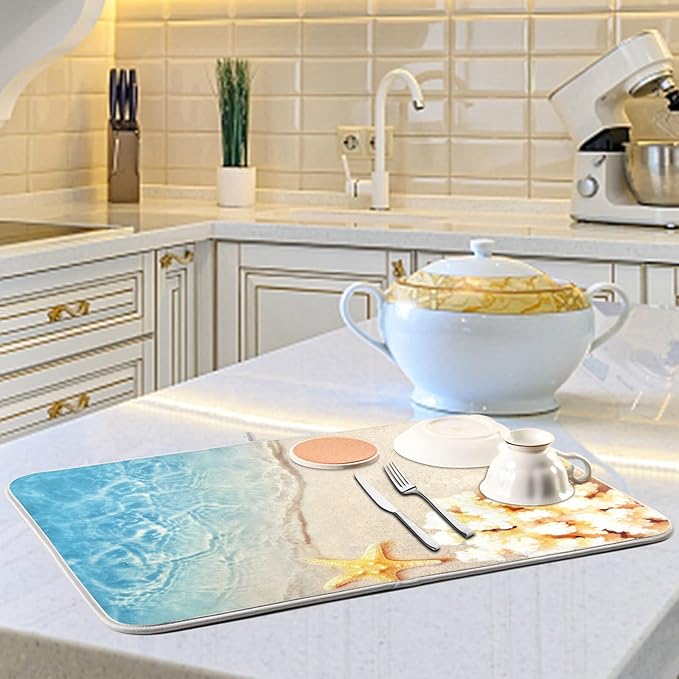 Absorbent Dish Drying Mat for Kitchen Counter - Starfish Coral Summer Microfiber Drying Pad, Reversible Drainer Mats for Countertop, Large 18" x 24"