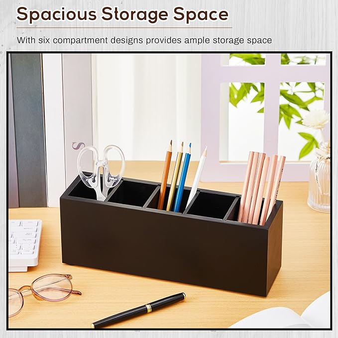 Jetec Wooden Pencil Holder 5 Compartments for Desk Adjustable Pen Holder Wood Office Desk Organizers and Accessories Makeup Brush Organizer for Pen, Home, Office and Art Supplies(Black)-NeatNest