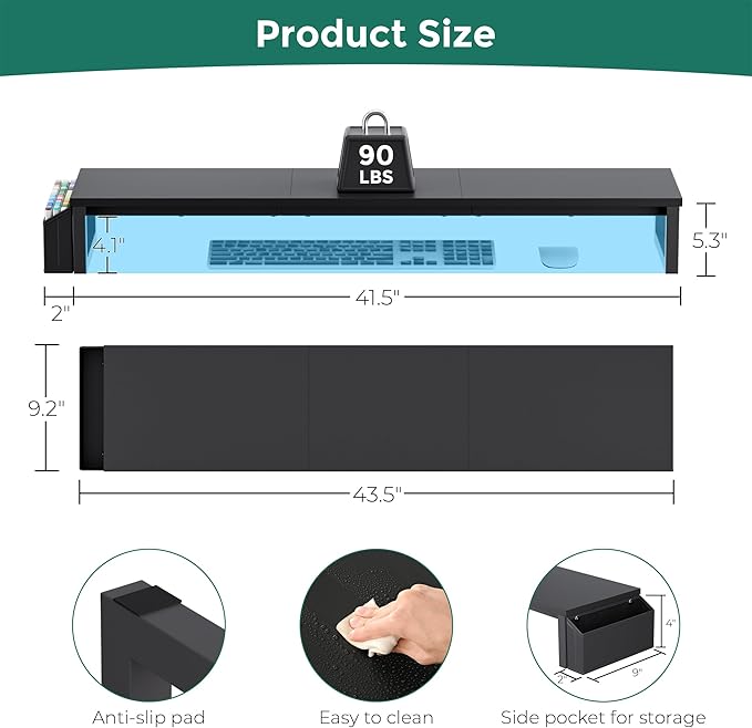 Dual Monitor Stand Riser, 41.5'' Extra Long Wood Monitor Stand Desktop Organizer with Side Pocket, Ergonomic Monitor Riser Supports 2 Monitors,TV,Laptop,Printer for Home Office, Black