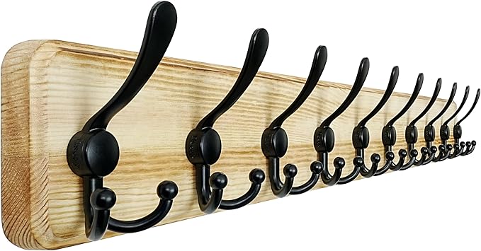 Dseap Coat Rack Wall Mount - 38-1/4" Long, Heavy-Duty, 10-Hooks, Rustic Wooden Wall Coat Hanger Hook Rail for Winter Jackets, Hats, & Clothing, Light Brown & Black